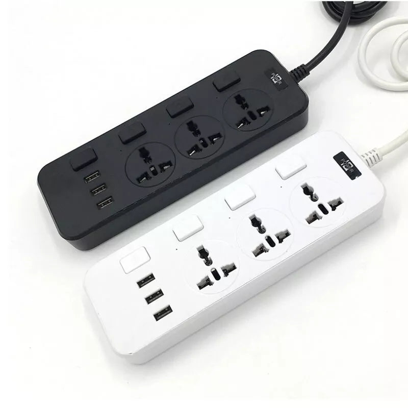 Placing two Power Strip SpyCams, one in black and the other in white, each equipped with four universal sockets and three USB ports on a white background—these devices are ideal for discreet surveillance, delivering 1080P HD video quality.