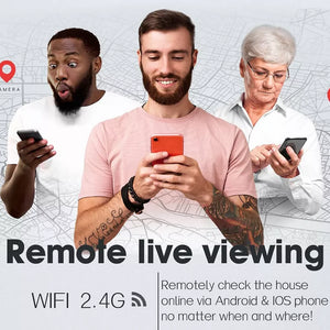 Three individuals using smartphones against a map backdrop. The text reads: "Experience HD clarity with remote live viewing. Monitor your home online at any time and from anywhere through Android & iOS phones! Features WIFI 2.4G with motion detection." Product: US Outlet SpyCam