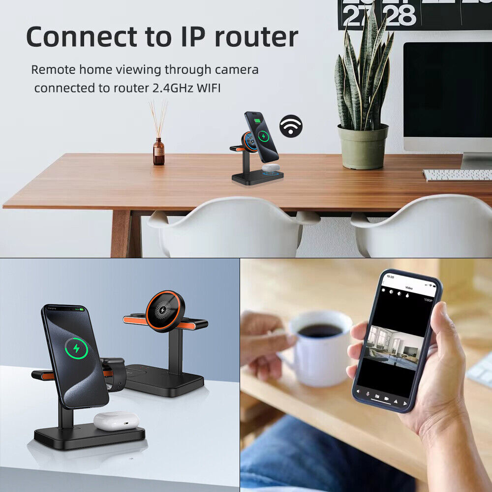 A phone shows a camera feed beside an IP router, while a wireless charger holds another phone and earbuds. A hand holds a smartphone in the kitchen. The text suggests connecting to the router, showcasing the versatility of your Universal Charger SpyCam.