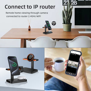 A phone shows a camera feed beside an IP router, while a wireless charger holds another phone and earbuds. A hand holds a smartphone in the kitchen. The text suggests connecting to the router, showcasing the versatility of your Universal Charger SpyCam.