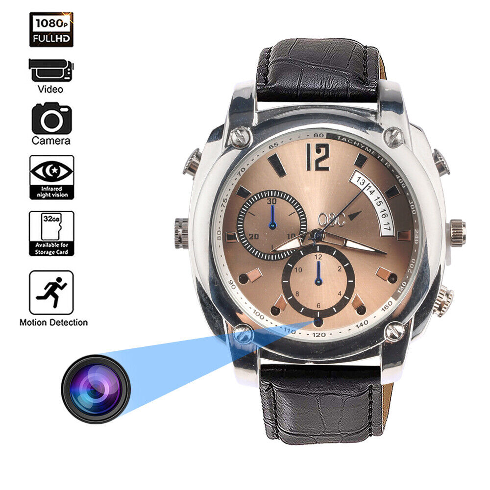 The Wristwatch SpyCam blends style and surveillance with a hidden camera lens, leather strap, and icons denoting 1080P video, photo capture, night vision, 32GB storage, and motion detection.