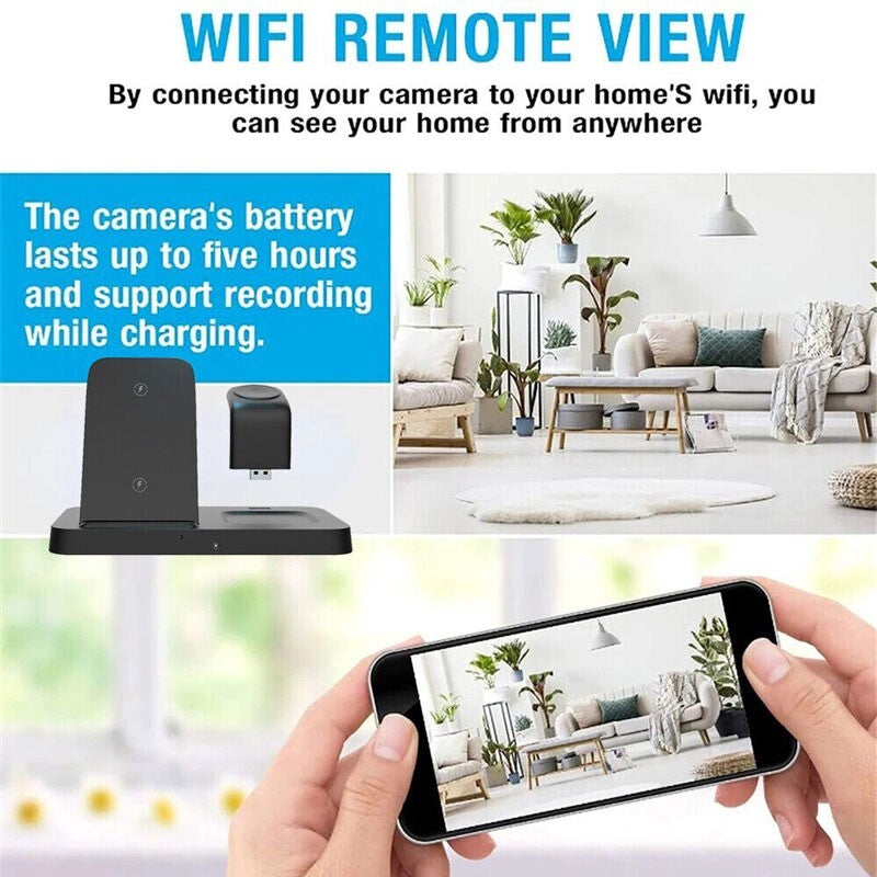 Hands hold a phone showing a living room, highlighting the WiFi remote view feature for covert surveillance with the Universal Charging Station SpyCam. It offers up to five hours of battery life and is compatible with the Smart Charging Hub for efficient charging.