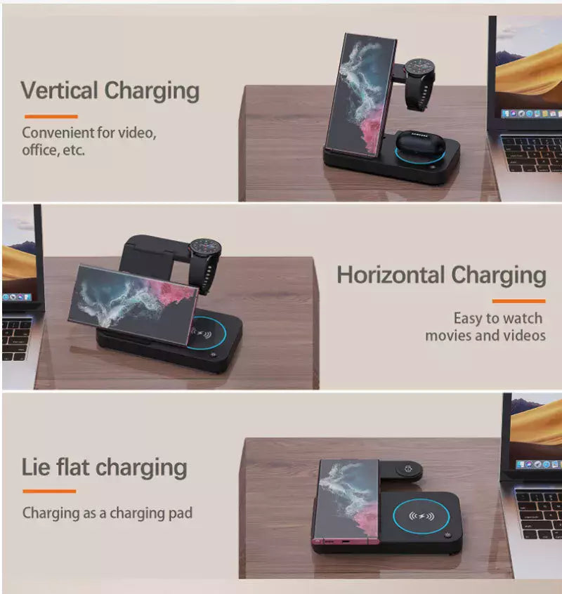 Image showing a Universal Charging Station SpyCam. This sleek 3-in-1 wireless charging station supports vertical, horizontal, and lying flat charging for phones, smartwatches, and earbuds. Perfect for any modern setup or tech enthusiast's collection.