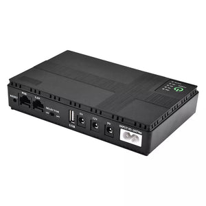 A black network switch features multiple ports, including POE, LAN, RESET, and USB ports, along with power input options for 9V, 12V, and 5V. The front panel includes indicator lights and a power button. It's compatible with the Portable UPS for WiFi Router (10400mAh) for seamless operation.