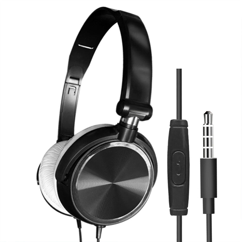 The Wired Bass Stereo Headphone features a black over-ear design, padded headband, high-definition drivers, inline control button, and a standard 3.5mm audio jack plug.