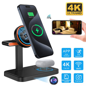 Try the Universal Charger SpyCam, a wireless charging station with a hidden 4K Ultra HD camera. It supports smartphones, AirPods, and small cameras and features app support, PIR detection, WiFi connectivity, and up to 128GB of storage.