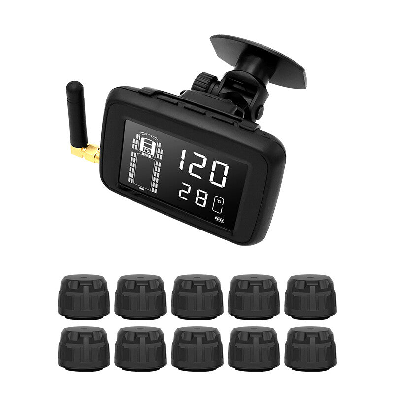 The Tire Pressure & Temperature Monitoring System enhances driving safety with a screen displaying numbers, an antenna, and multiple black sensor caps to keep you informed on-the-go.