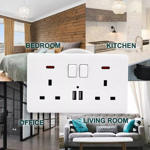 Collage featuring the UK Socket SpyCam, designed with a white wall socket and USB ports in the center, surrounded by images of a bedroom, kitchen, office, and living room. This device offers discreet home surveillance with 1080P HD resolution to capture every detail in any setting.