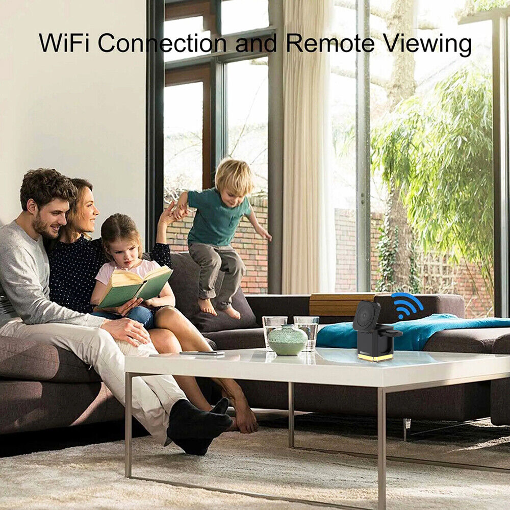 A family sits on a sofa, with a child playfully standing on it. Nearby, a table holds a small camera and the discreet Universal Charger Night Light SpyCam. The text above reads, "WiFi Connection and Remote Viewing.