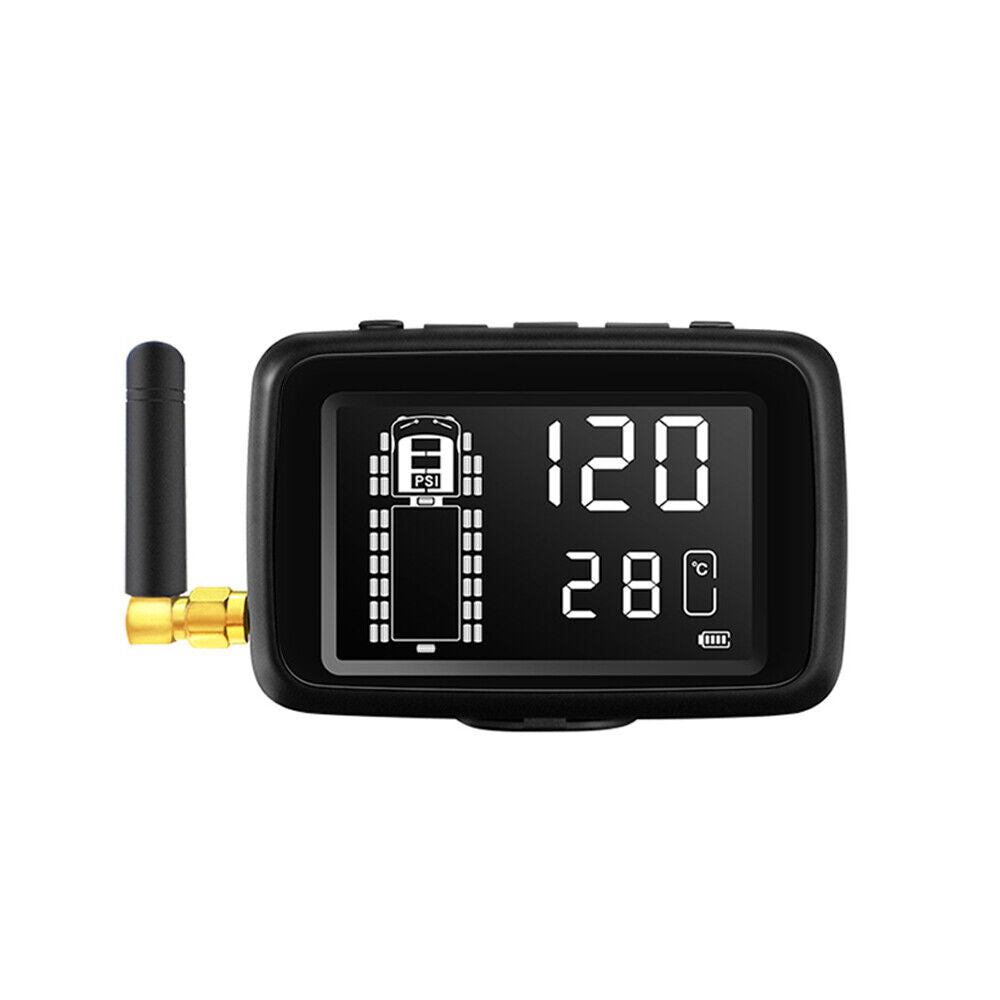 The Tire Pressure & Temperature Monitoring System, featuring an antenna, displays a reading of 120 to enhance driving safety.