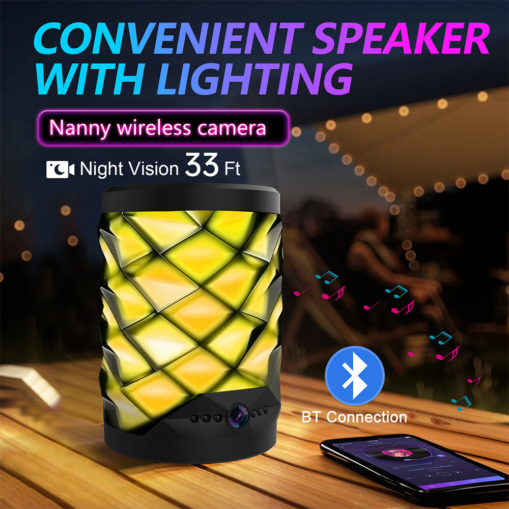 The Bluetooth Speaker SpyCam is shown outdoors near a smartphone, providing 24/7 covert home monitoring with night vision up to 33 ft and a reliable Bluetooth connection.