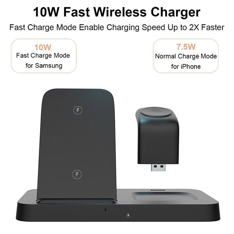 The Universal Charging Station SpyCam is a sleek black 10W fast wireless charger with a separate USB adapter. It blends efficiency and innovation with Smart Charging Hub technology, supporting Samsung fast charge at 10W and iPhone normal charge at 7.5W.