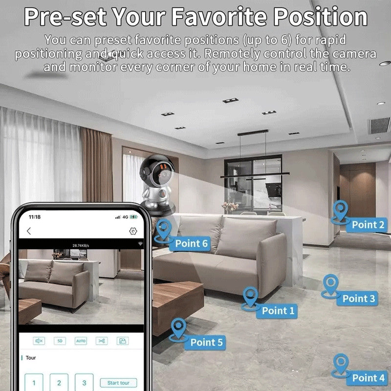 The Mini Robot SpyCam with AI auto-tracking monitors a living room, displaying six preset positions onscreen and in its smartphone app for seamless remote home security control.