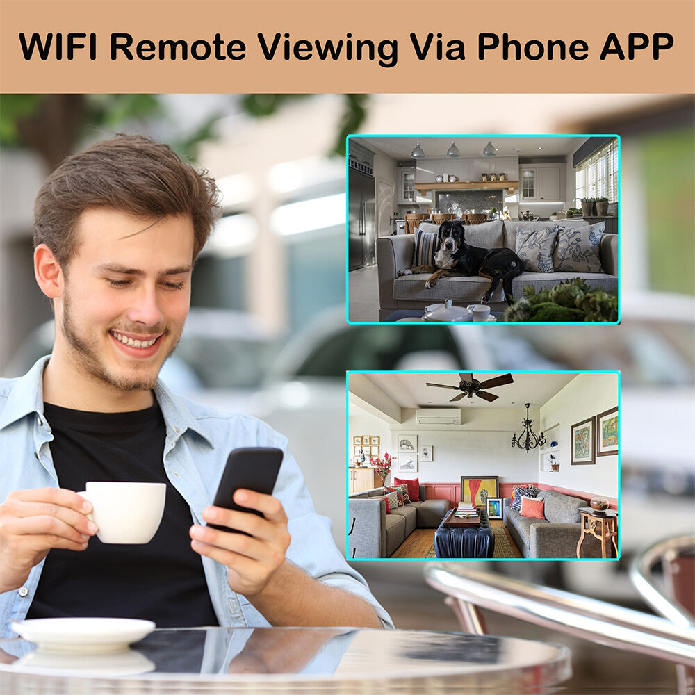 A man smiles while using his phone at a cafe; two insets show home interiors, highlighting WiFi remote viewing and motion alerts via the Wireless Charger Clock SpyCam app.
