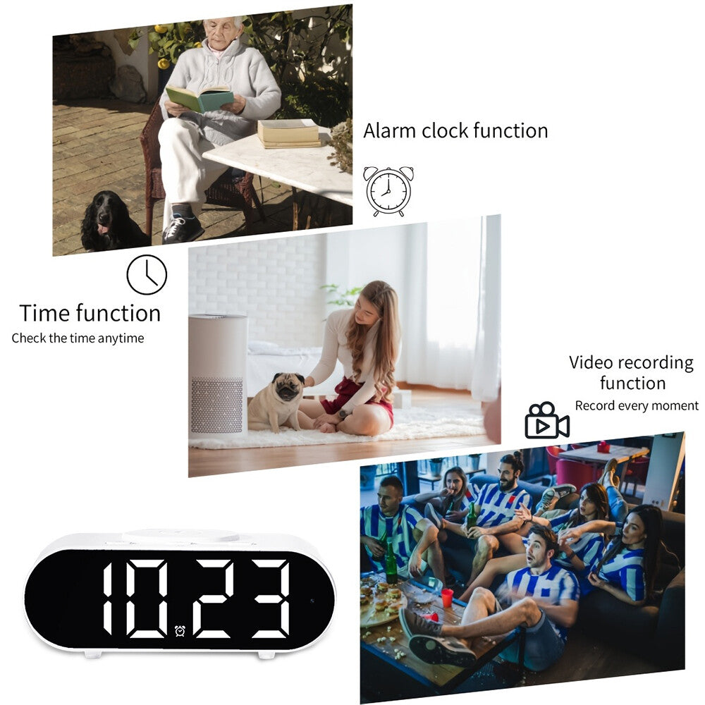 The Digital Clock Charger SpyCam displays 10:23; photos feature an elderly person reading, a woman with a dog, and people watching TV, illustrating its time display, alarm, video recording, hidden camera, and WiFi surveillance for security.