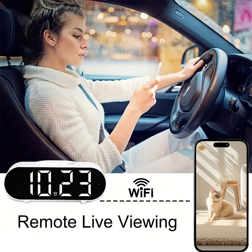 A woman in a car uses her phone; an overlay displays a digital clock, WiFi icon, and live video of a cat, showcasing the Digital Clock Charger SpyCam's remote live viewing via WiFi surveillance.
