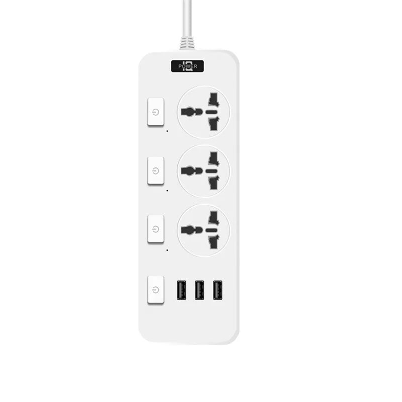 The Power Strip SpyCam is a white power strip that features three universal sockets, each with an individual switch, along with a main power switch and three USB charging ports at the bottom. Additionally, it provides covert surveillance with 1080P HD video quality for enhanced security.