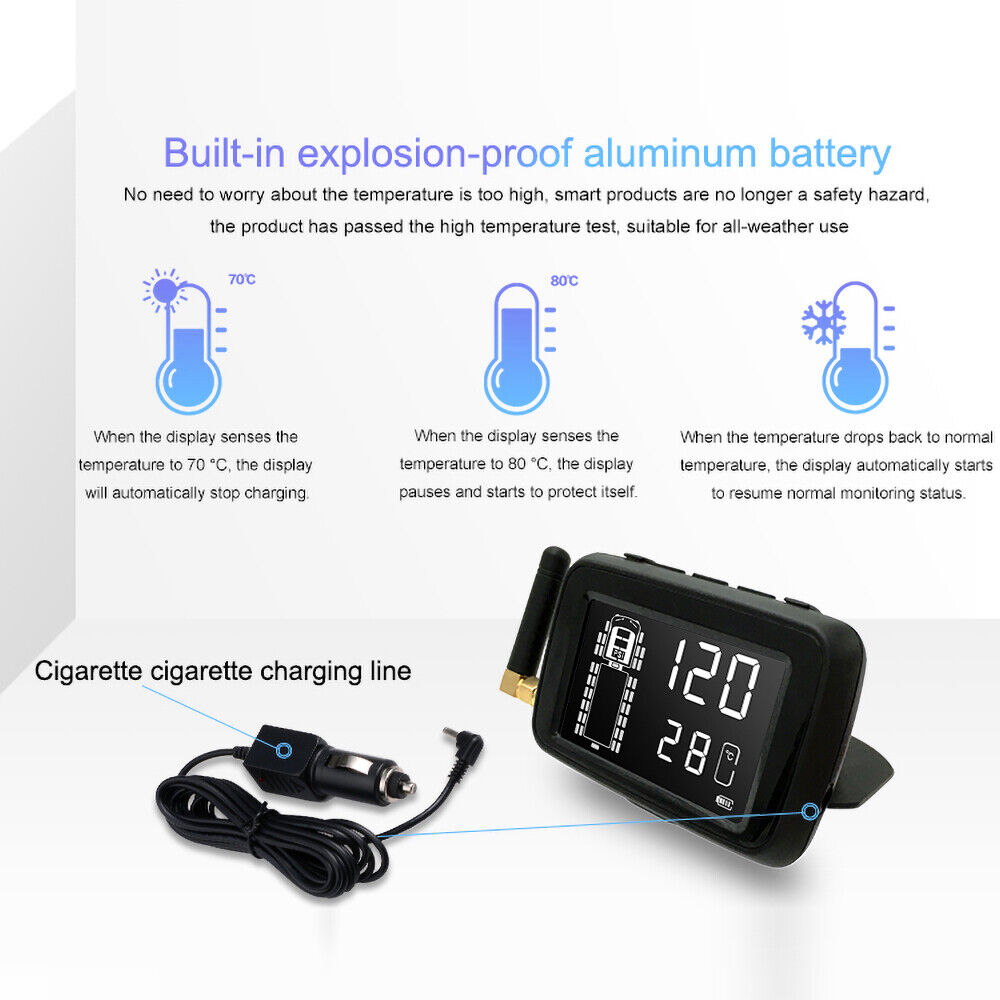 The Tire Pressure & Temperature Monitoring System offers precise readings with an LED display for driving safety. Its thermometers highlight optimal temperatures to enhance monitoring, and it includes a convenient cigarette lighter charging cable for on-the-go use.