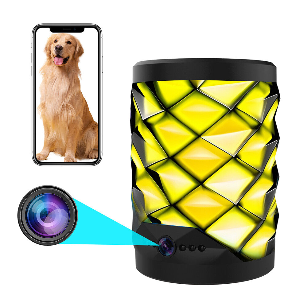 The Bluetooth Speaker SpyCam, featuring a yellow geometric design and a camera lens, streams images to your smartphone for covert 24/7 home monitoring and security.