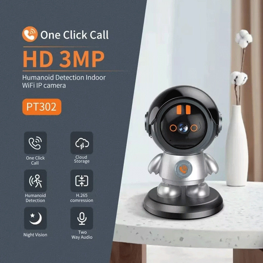 The Mini Robot SpyCam, an indoor WiFi IP camera with HD 3MP, AI auto-tracking, humanoid detection, night vision, and two-way audio, is shown alongside its features for superior home security.