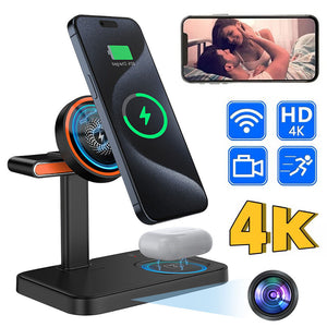 The Universal Charger SpyCam includes a wireless charging stand showing a phone with a battery icon, earbuds, and icons for WiFi, HD 4K, motion detection, video recording. Its discreet spy camera captures moments like the image of a couple on an adjacent phone.