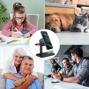 Collage of four images surrounding the Universal Charger SpyCam: a girl drawing, a dog and cat resting, a couple embracing, and people at a meeting.