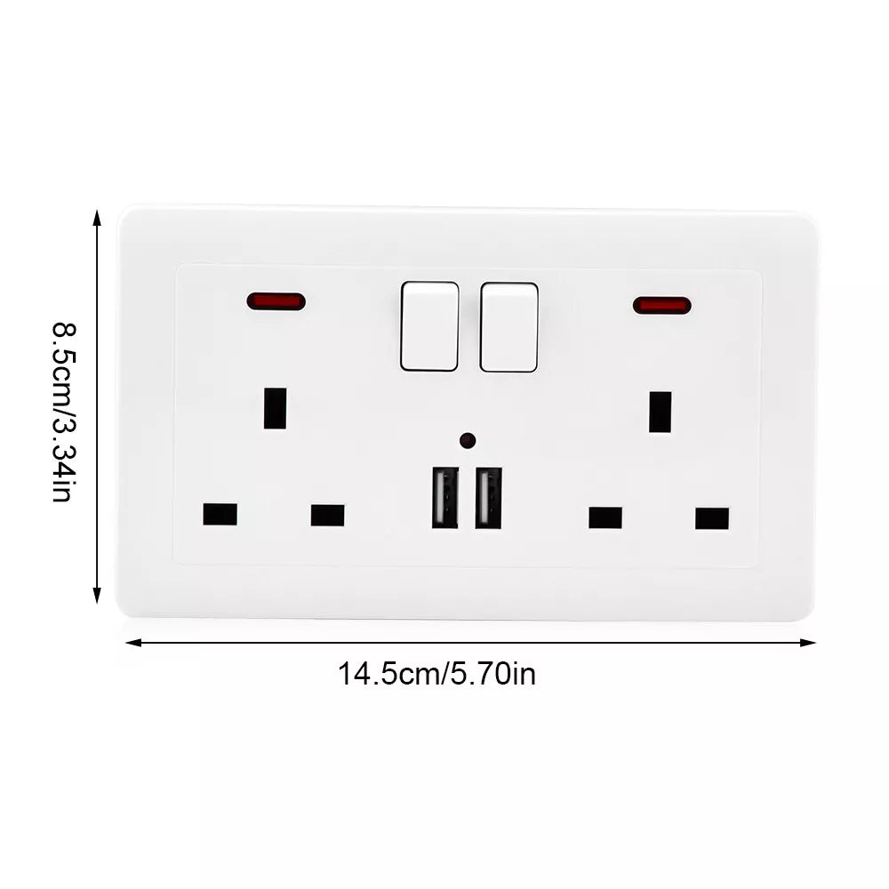 The UK Socket SpyCam is a white dual power socket with USB ports, making it perfect for home surveillance. It includes two switches and measures 14.5 cm wide by 8.5 cm high, ensuring discreet integration while providing both functionality and style in any room.