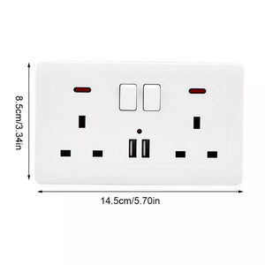 The UK Socket SpyCam is a white dual power socket with USB ports, making it perfect for home surveillance. It includes two switches and measures 14.5 cm wide by 8.5 cm high, ensuring discreet integration while providing both functionality and style in any room.