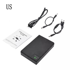 A Portable UPS for WiFi Router with a 10400mAh capacity, accompanied by a user manual, power cord, and two connecting cables, all laid out on a white surface—perfect for WiFi router backup.