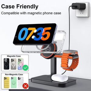 The Universal Charger SpyCam, a wireless stand, features a phone displaying "07:35," is compatible with magnetic cases, and discreetly includes slots for a smartwatch and earphones while plugged into an outlet.