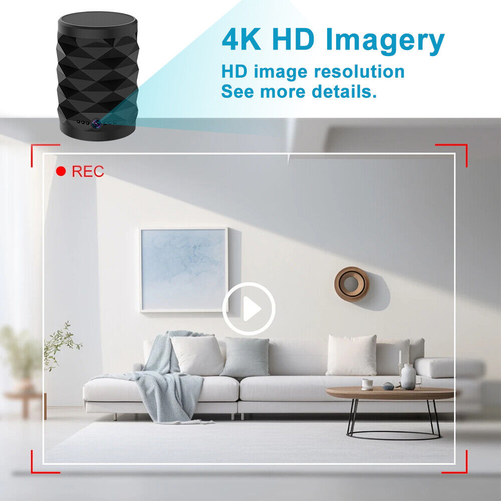 A Bluetooth Speaker SpyCam is shown recording a modern living room with a white sofa, pillows, blanket, and wall décor. Ideal for covert home monitoring, text highlights the spycam’s HD image resolution.