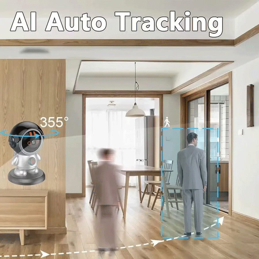 The Mini Robot SpyCam uses 355° AI auto-tracking to follow people as they move, offering advanced home security for modern spaces.