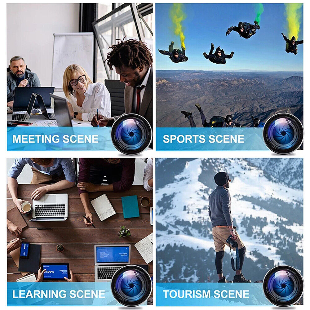 A collage of meeting, sports, learning, and tourism scenes with a camera lens overlay highlights the Watch SpyCam’s discreet 1080P video and audio recording—ideal for capturing moments without drawing attention.