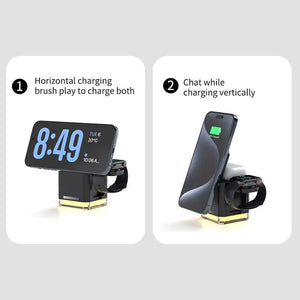 The Universal Charger Night Light SpyCam is a dual-position wireless charging stand that cleverly conceals a camera while charging a phone and smartwatch both horizontally and vertically.