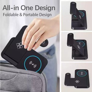 A person places a foldable, portable Universal Charging Station SpyCam into a bag. The device is shown in various stages of being folded in adjacent images. Text reads "All-in-One Spy Gadget: Foldable & Portable Design.