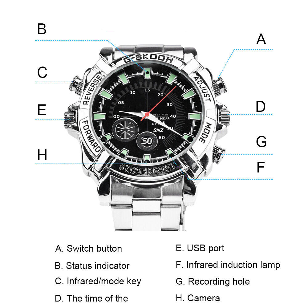 The Watch SpyCam is a silver multifunctional wristwatch with buttons, status indicator, mode key, USB port, recording hole, camera, and time display—ideal for discreet 1080P video and audio recording.