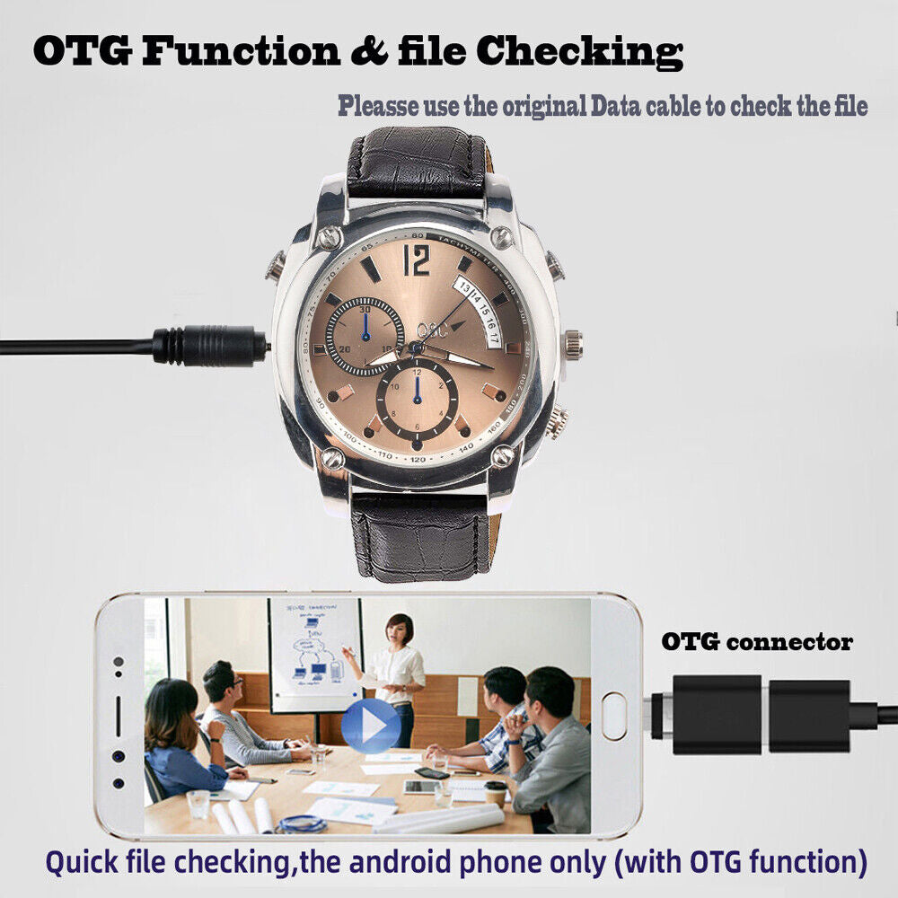 The Wristwatch SpyCam connects to Android phones via an OTG cable, lets you check files, and streams 1080P video. It also supports night vision for clear low-light footage.