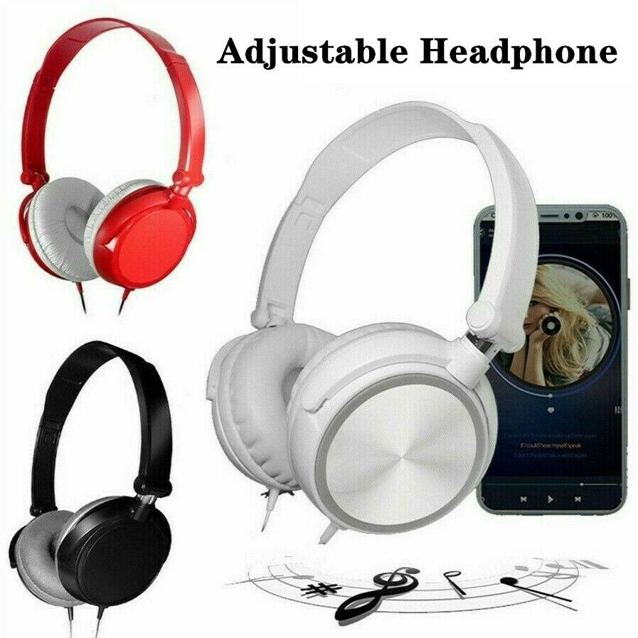 Three Wired Bass Stereo Headphones in red, white, and black feature an Over-Ear Design and High-Definition Drivers. The white headphone is shown connected to a smartphone playing music.
