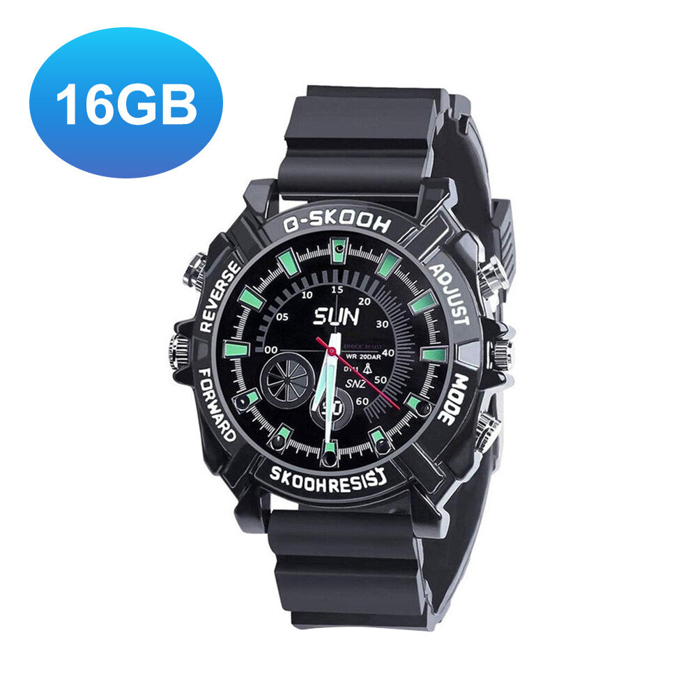 The Stylish Watch SpyCam is a black digital-analog wristwatch with green and white accents and a "16GB" blue icon, offering discreet 1080P surveillance recording.