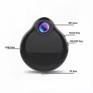 The Mini Necklace SpyCam is a black circular device that looks like a discreet camera, featuring labeled components such as an HD lens, reset key, on/off key, USB port, and TF slot. It's perfect for those looking for a pendant camera design that seamlessly combines style and functionality.