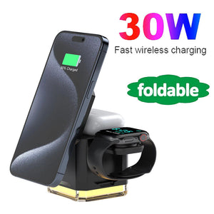 Phone, earbuds, and smartwatch charging on a 30W foldable wireless stand labeled "Fast wireless charging," with a Universal Charger Night Light SpyCam discreetly integrated for security.