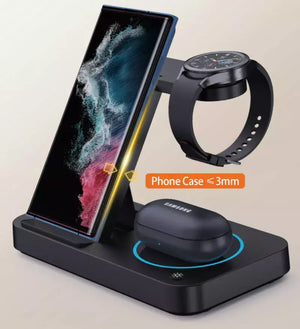 The Universal Charging Station SpyCam is shown holding a smartphone, a smartwatch, and earbuds. A label indicates that the phone case is less than or equal to 3mm thick. What's unique about this setup is its integrated HD 1080P camera discreetly built into the design.