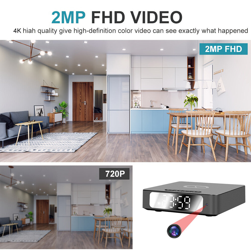 A comparison of 2MP FHD and 720P image quality in a living room and kitchen. Inset shows the Wireless Charger Clock SpyCam—ideal for discreet monitoring with motion detection thanks to its hidden camera lens.