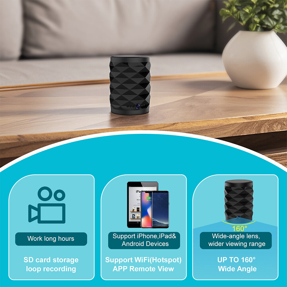 A compact black Bluetooth Speaker SpyCam rests on a wooden table; infographic below details covert home monitoring with SD card recording, WiFi app support, and a 160° wide viewing angle for dependable 24/7 security.
