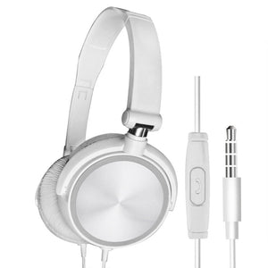 The Wired Bass Stereo Headphone features white over-ear design, high-definition drivers, padded ear cups, adjustable headband, in-line microphone remote, and a 3.5mm audio jack for immersive sound quality.