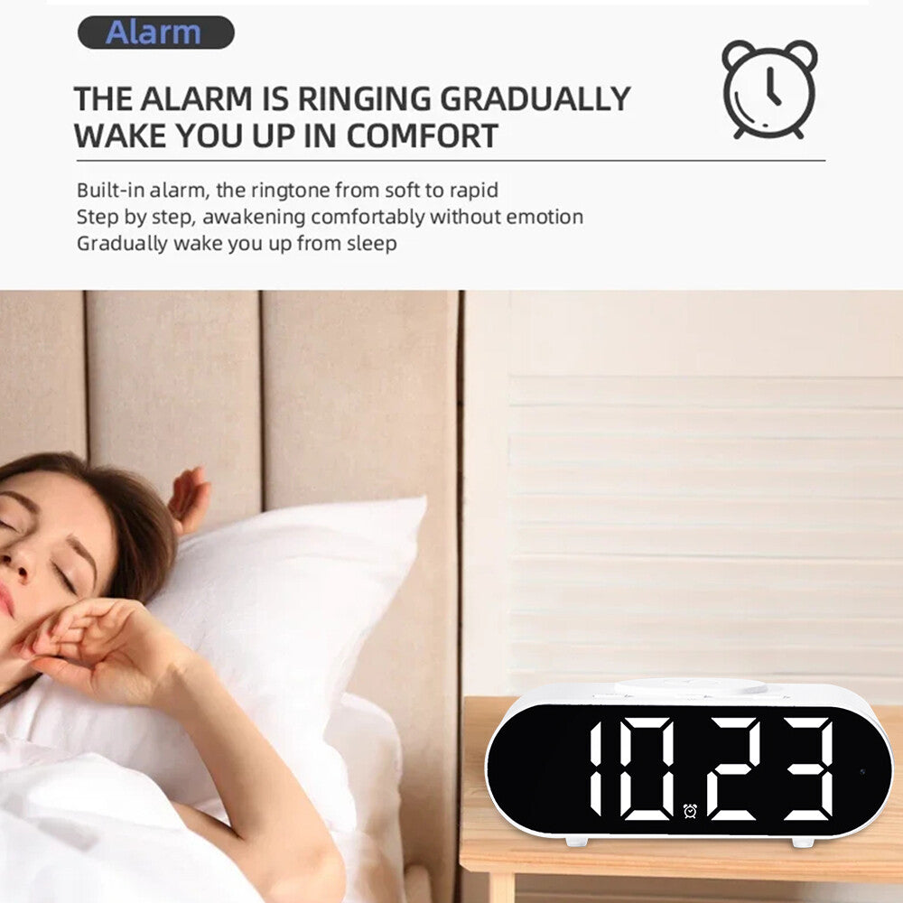 A woman wakes up in bed next to the Digital Clock Charger SpyCam showing 10:23, with text above highlighting its gradual alarm and built-in wireless charging features for convenience.