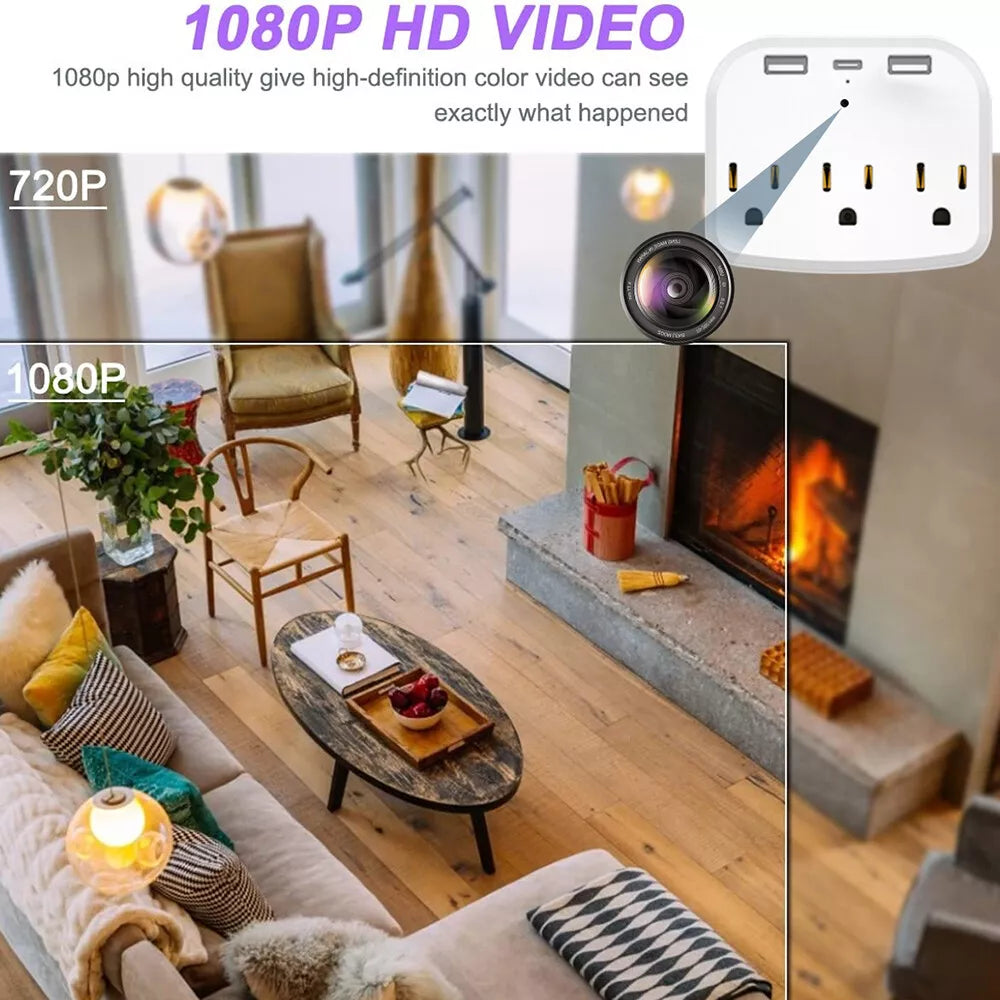 The US Outlet SpyCam captures the living room in stunning 1080p HD video, highlighting a cozy seating area complete with a fireplace, comfy armchairs, and a sofa. Close by, a coffee table with snacks discreetly blends into the environment while motion detection ensures that no detail is overlooked.