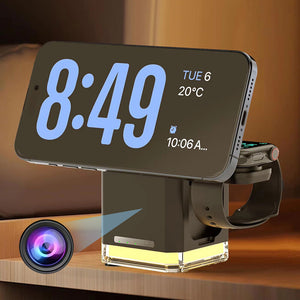 A Smartphone showing time and temperature is on a black stand next to an Apple Watch and the Universal Charger Night Light SpyCam, with a subtle camera icon in front.