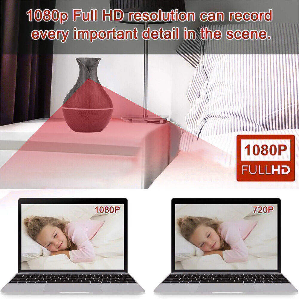 An image shows a vase captured by the Black Decorative Display SpyCam in 1080p resolution. Below, two laptops feature a smiling child labeled 1080p and 720p, highlighting resolution differences—a seamless blend of home décor and advanced espionage technology.