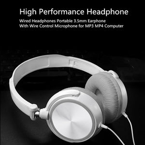 Wired Bass Stereo Headphone in white, over-ear design with High-Definition Drivers, 3.5mm jack, padded headband and ear cushions, shown on a black background with product details above.